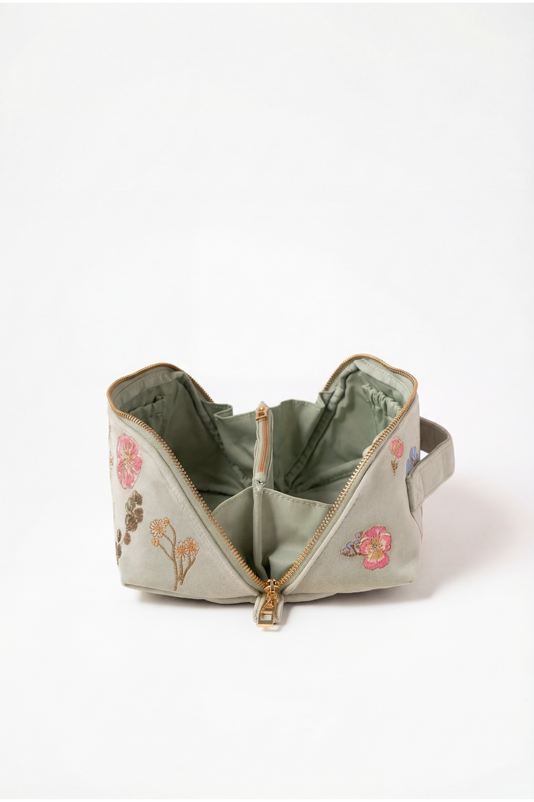 Pressed Flowers Velvet Open Flat Makeup Bag, Alternate, color, Sage