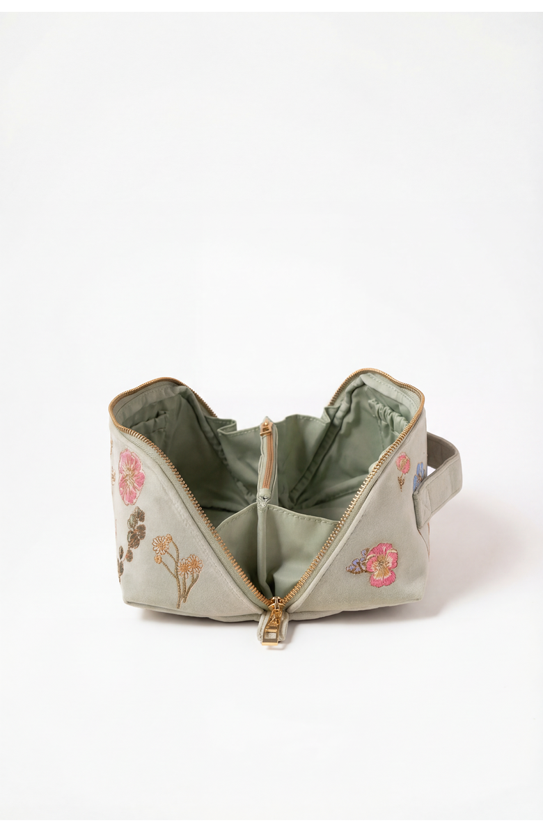 Elizabeth Scarlett Pressed Flowers Velvet Open Flat Makeup Bag, Alternate, color, Sage