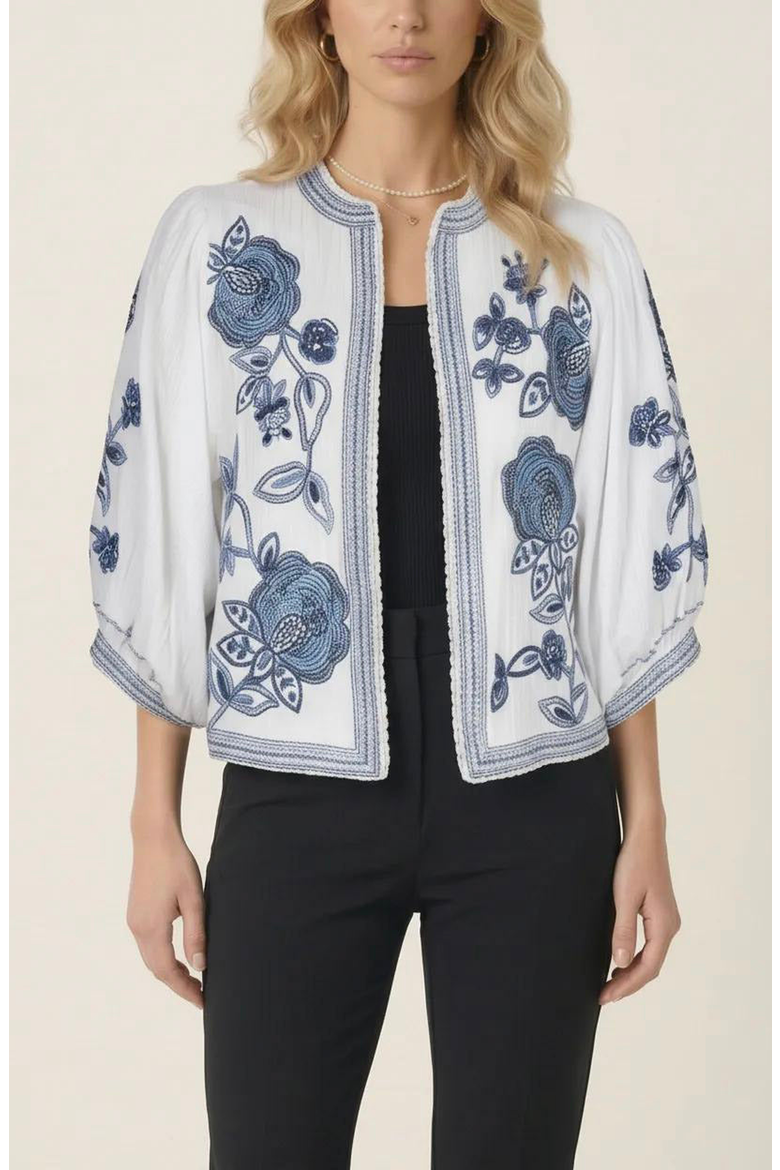 Floral Embroidered Open Front Jacket, Alternate, color, White