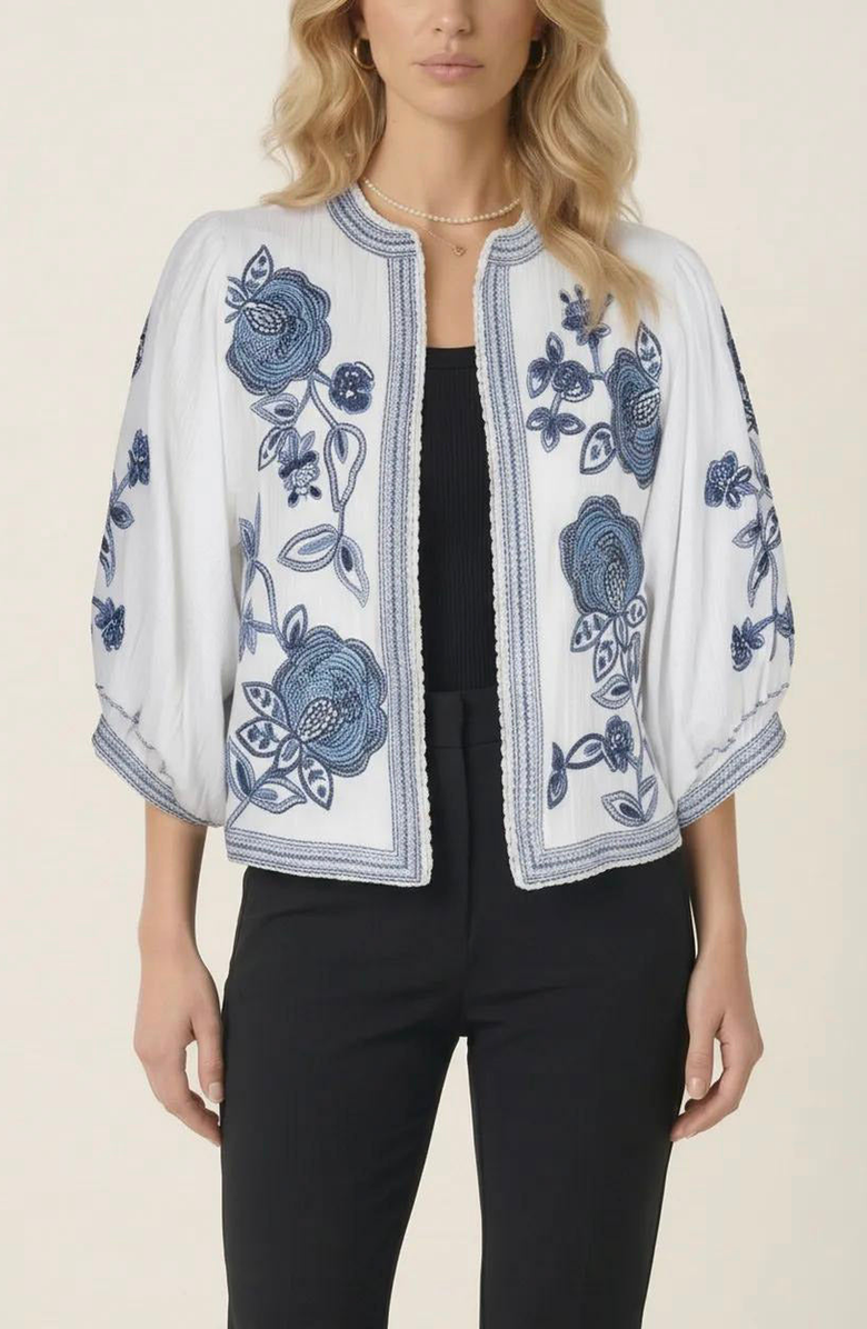 Modenaire Floral Embroidered Open Front Jacket, Alternate, color, White