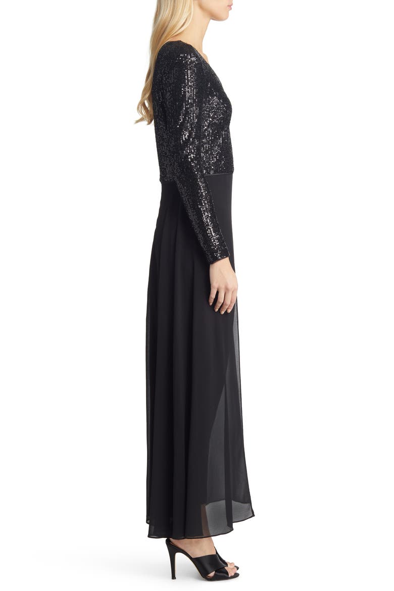 Sequin Bodice Long Sleeve Overlay Jumpsuit, Alternate, color, BLACK