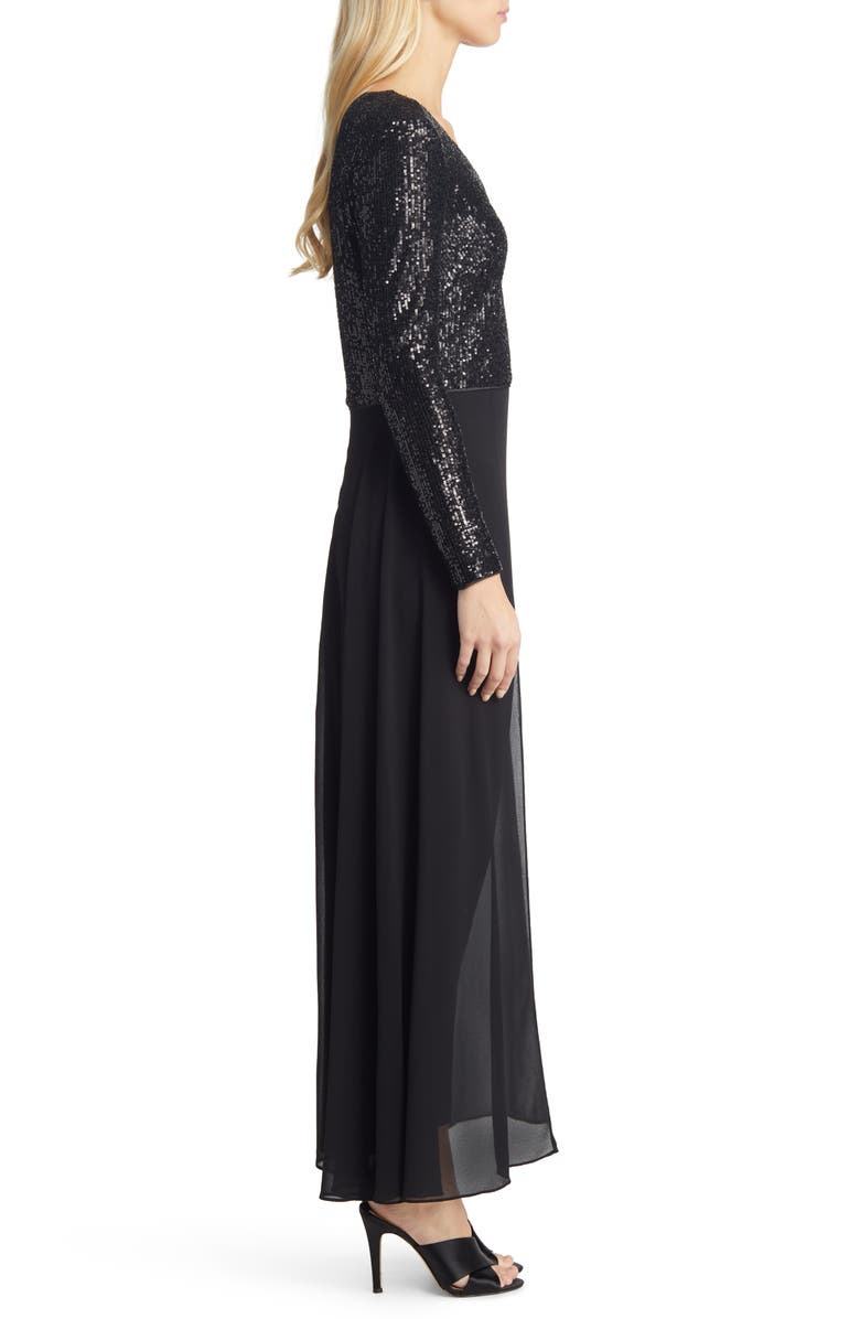 Eliza J Sequin Bodice Long Sleeve Overlay Jumpsuit, Alternate, color, Black