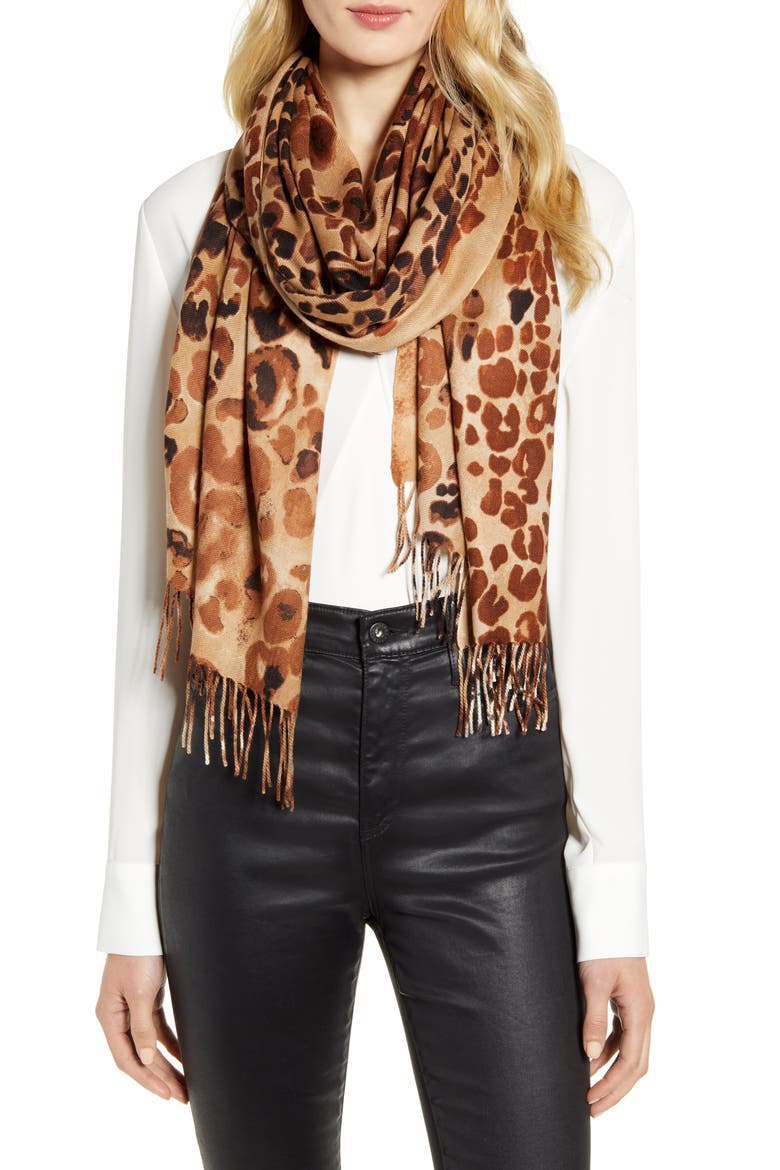 Tissue Print Wool & Cashmere Wrap Scarf, Main, color, TAN COLOR CAT PRINT