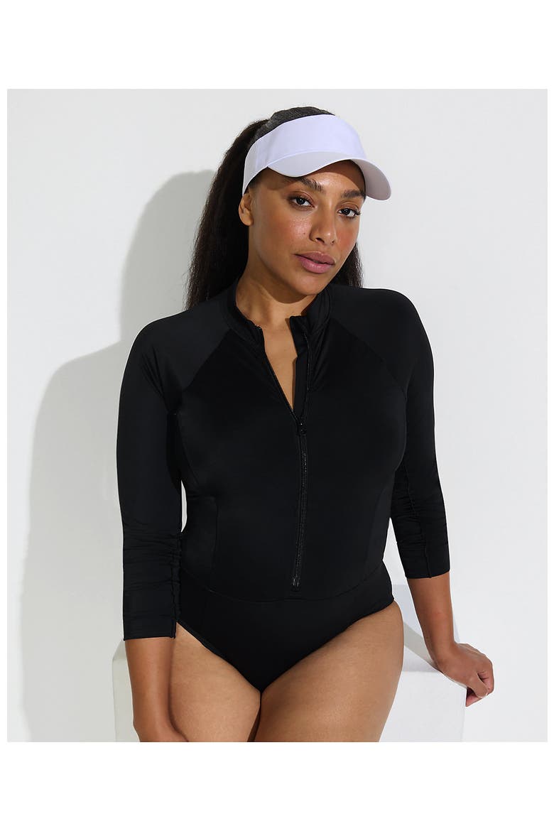 Tugless Long Sleeve Rash Guard One Piece Swimsuit, Alternate, color, Black