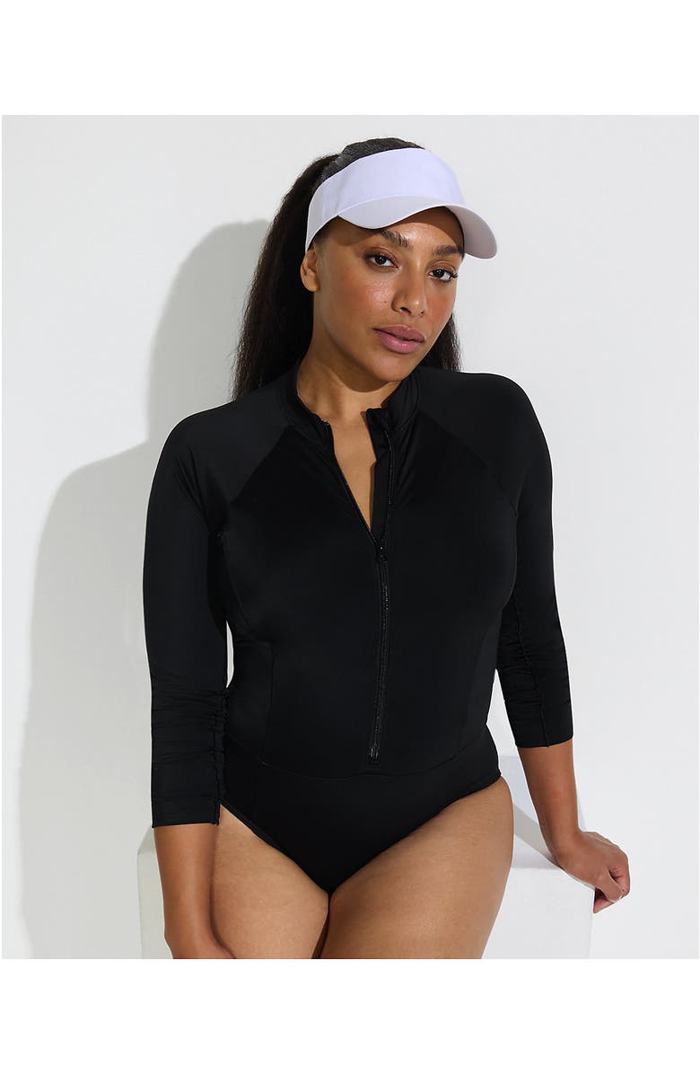 Lands' End Plus Size Tugless Long Sleeve Rash Guard One Piece Swimsuit, Alternate, color, Black