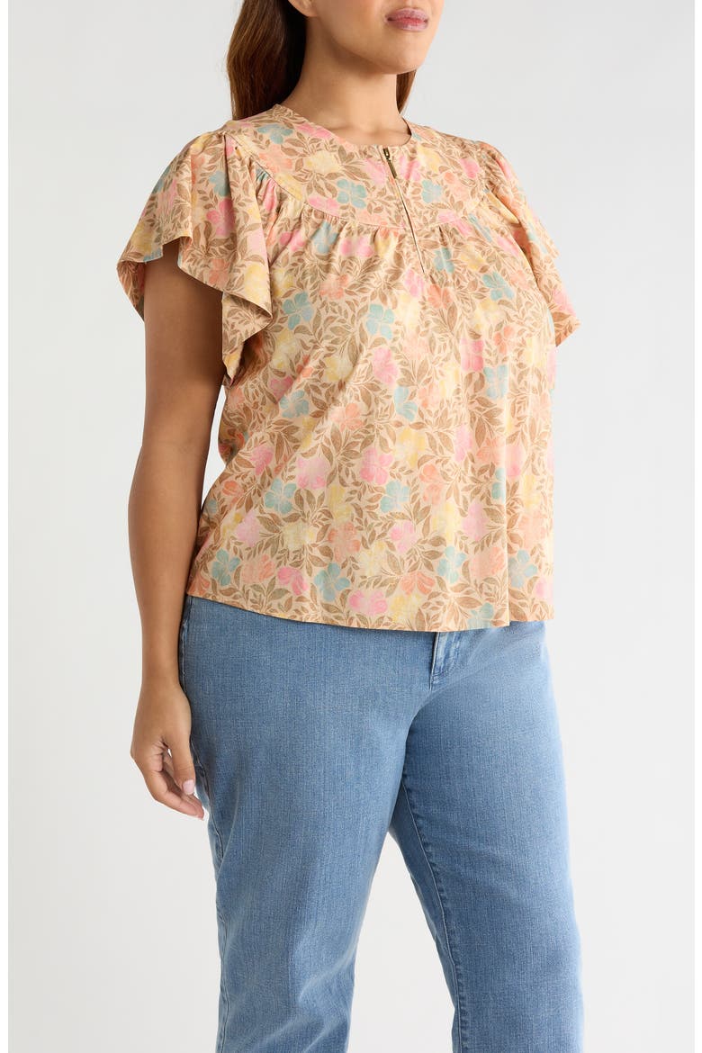 Floral Flutter Sleeve Quarter Zip Top, Alternate, color, GOLDEN SUGAR MULTI