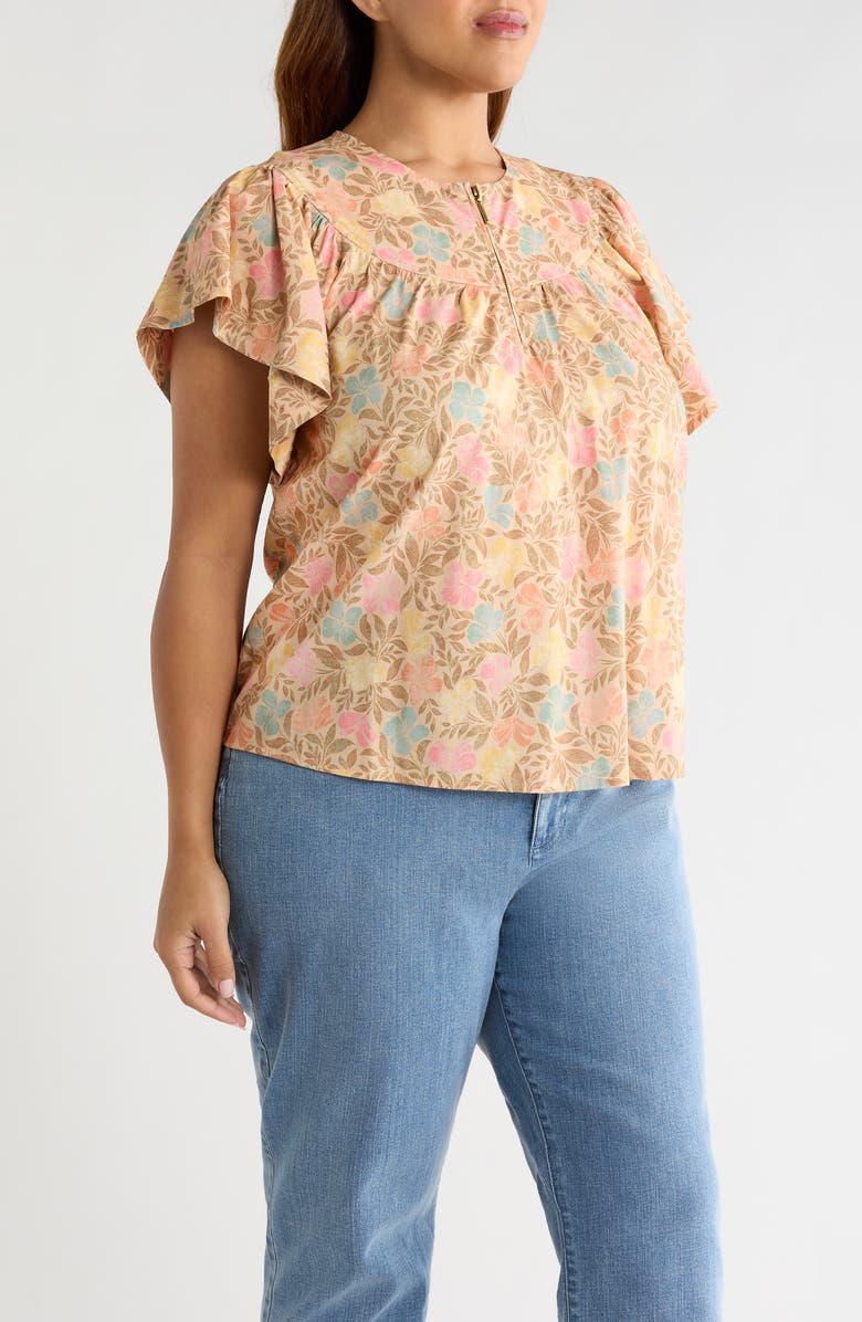 Wit & Wisdom Floral Flutter Sleeve Quarter Zip Top, Alternate, color, Golden Sugar Multi