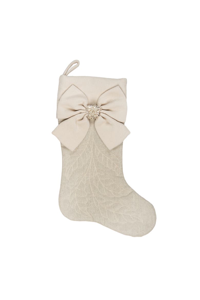 Fancy Beige Bow on Floral Botanical Christmas Tree Stocking, Main, color, Beige