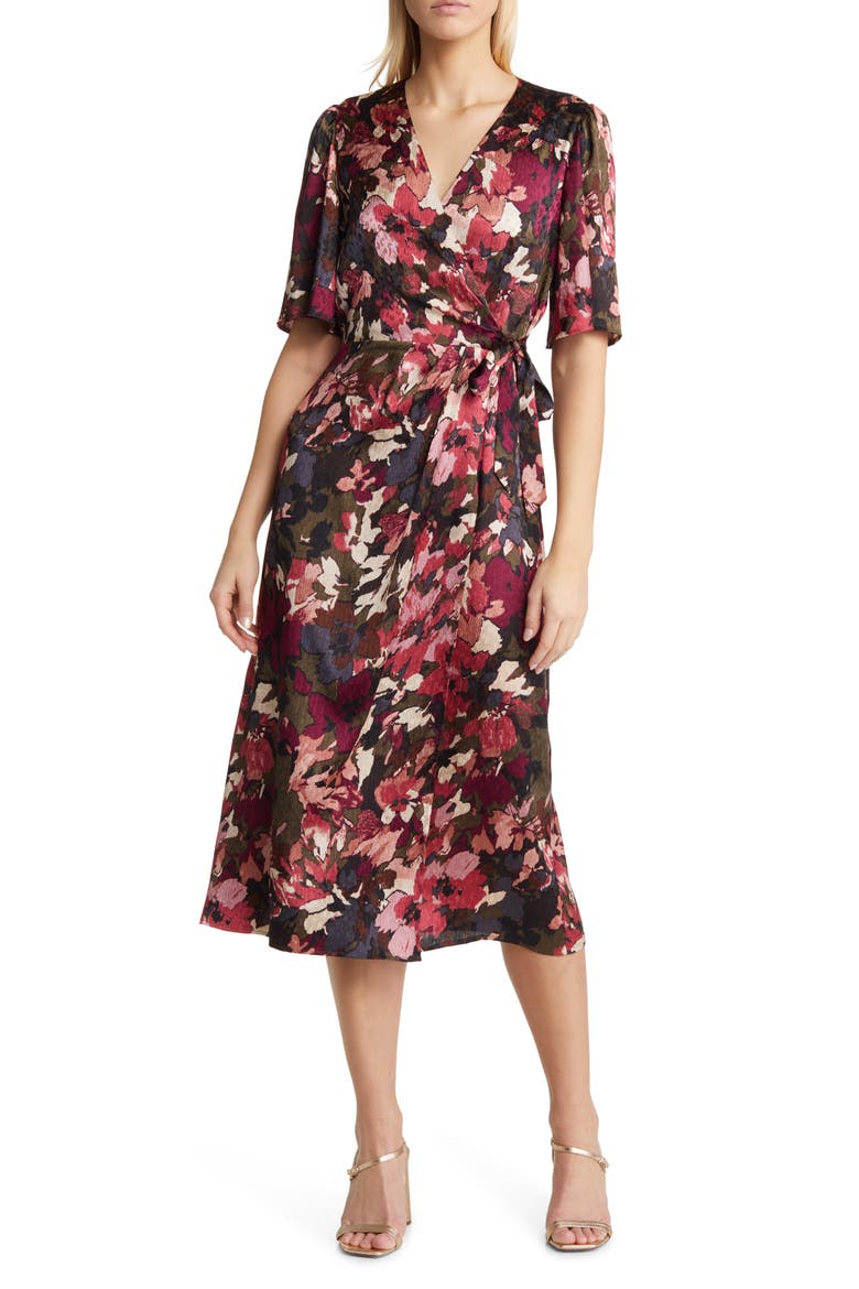 Flora Print Flutter Sleeve Faux Wrap Dress, Main, color, KELP COMBO