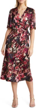 Anne Klein Flora Print Flutter Sleeve Faux Wrap Dress