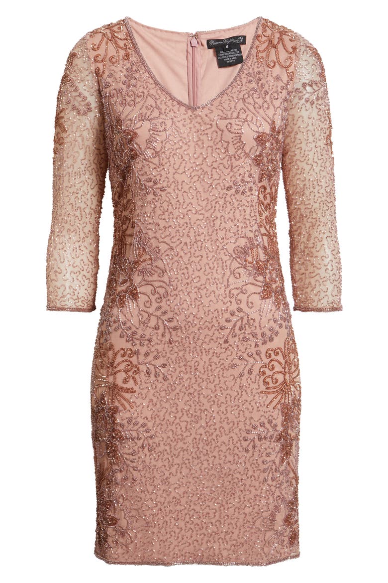 Beaded V-Neck Cocktail Dress, Alternate, color, DUSTY ROSE