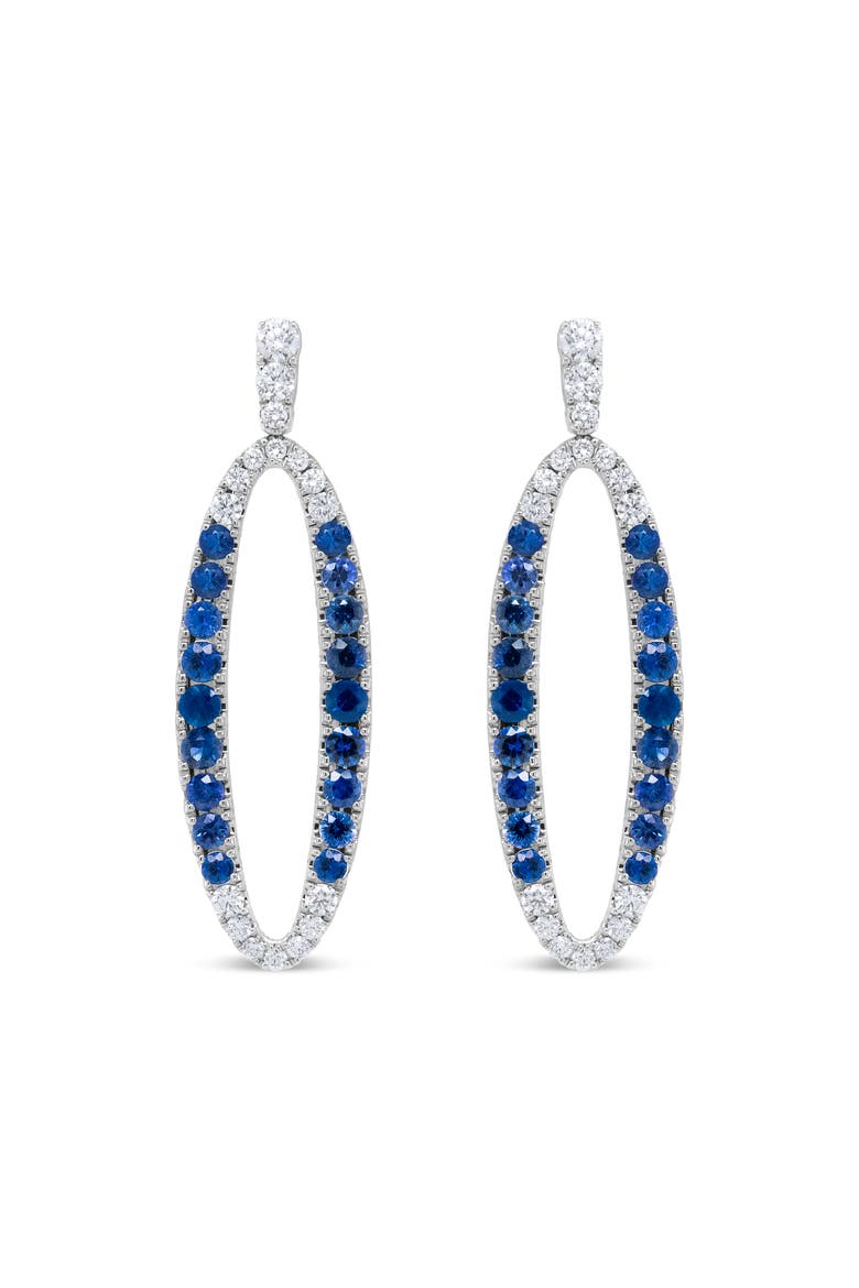 18K White Gold 1 1/10 Cttw Diamond & Sapphire Openwork Oval Shaped Dangle Earrings, Main, color, White