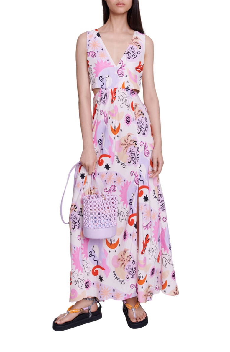 maje Rillosio Sleeveless Cutout Silk Maxi Dress, Alternate, color,