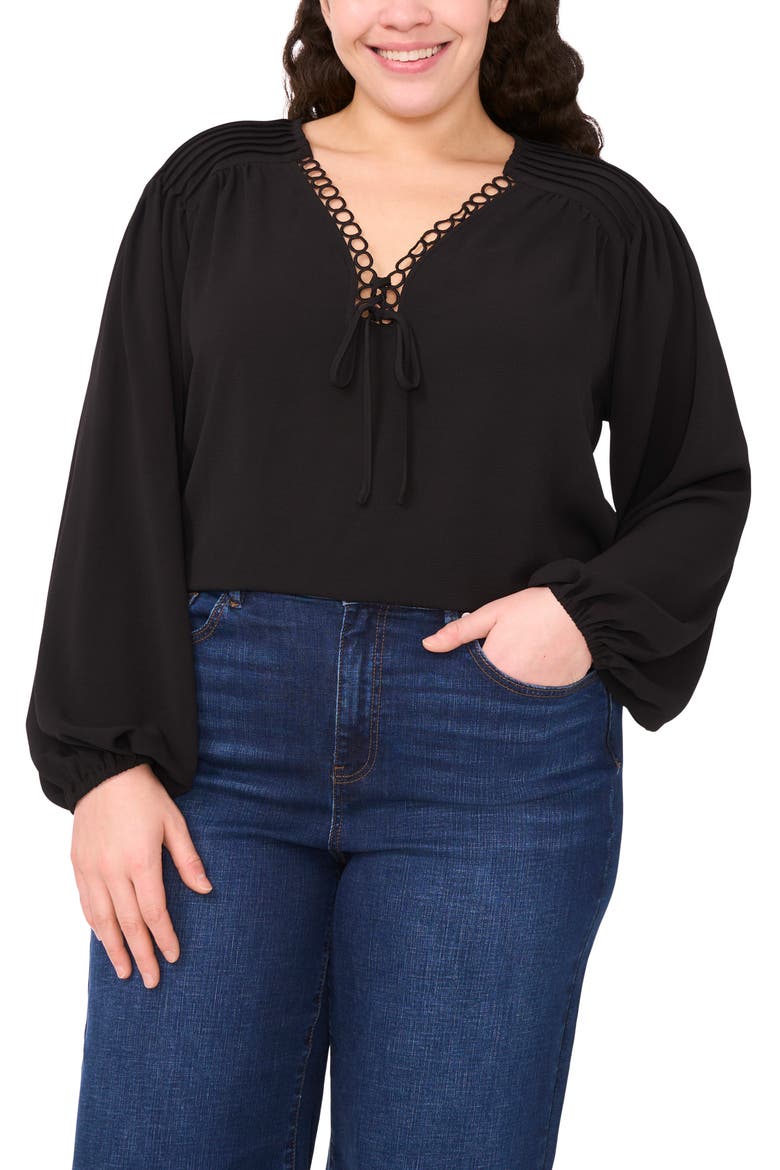 Circle Lace Long Sleeve Pintuck Top, Main, color, RICH BLACK