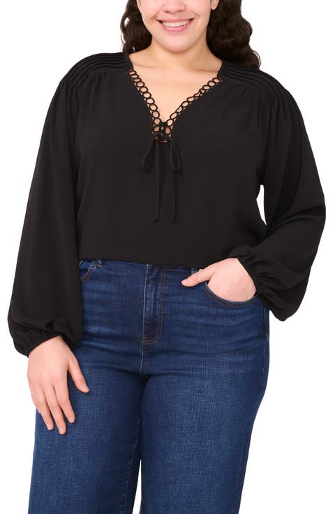 Circle Lace Long Sleeve Pintuck Top (Plus)