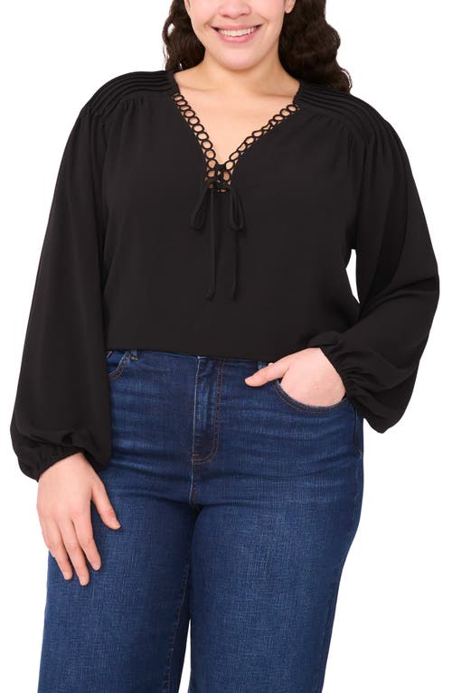 Cece Circle Lace Long Sleeve Pintuck Top In Black