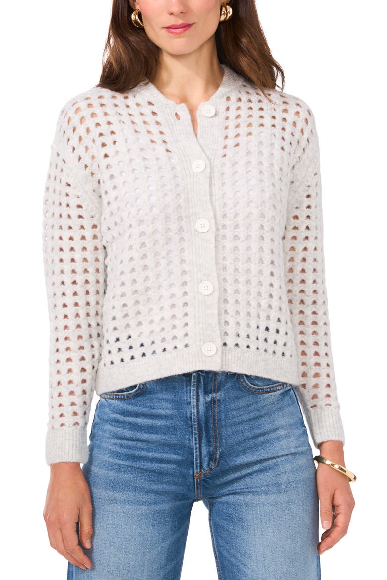 Pointelle Crewneck Cardigan, Main, color, SILVER HEATHER