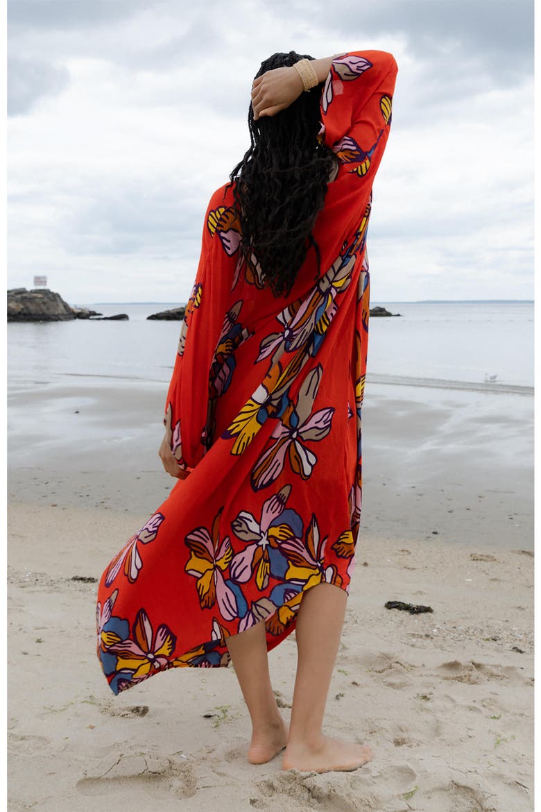 Floral Cover-Up Kaftan, Alternate, color, RED