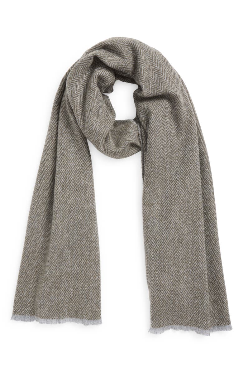 Vince Herringbone Cashmere Fringe Scarf, Main, color, Heather Olive