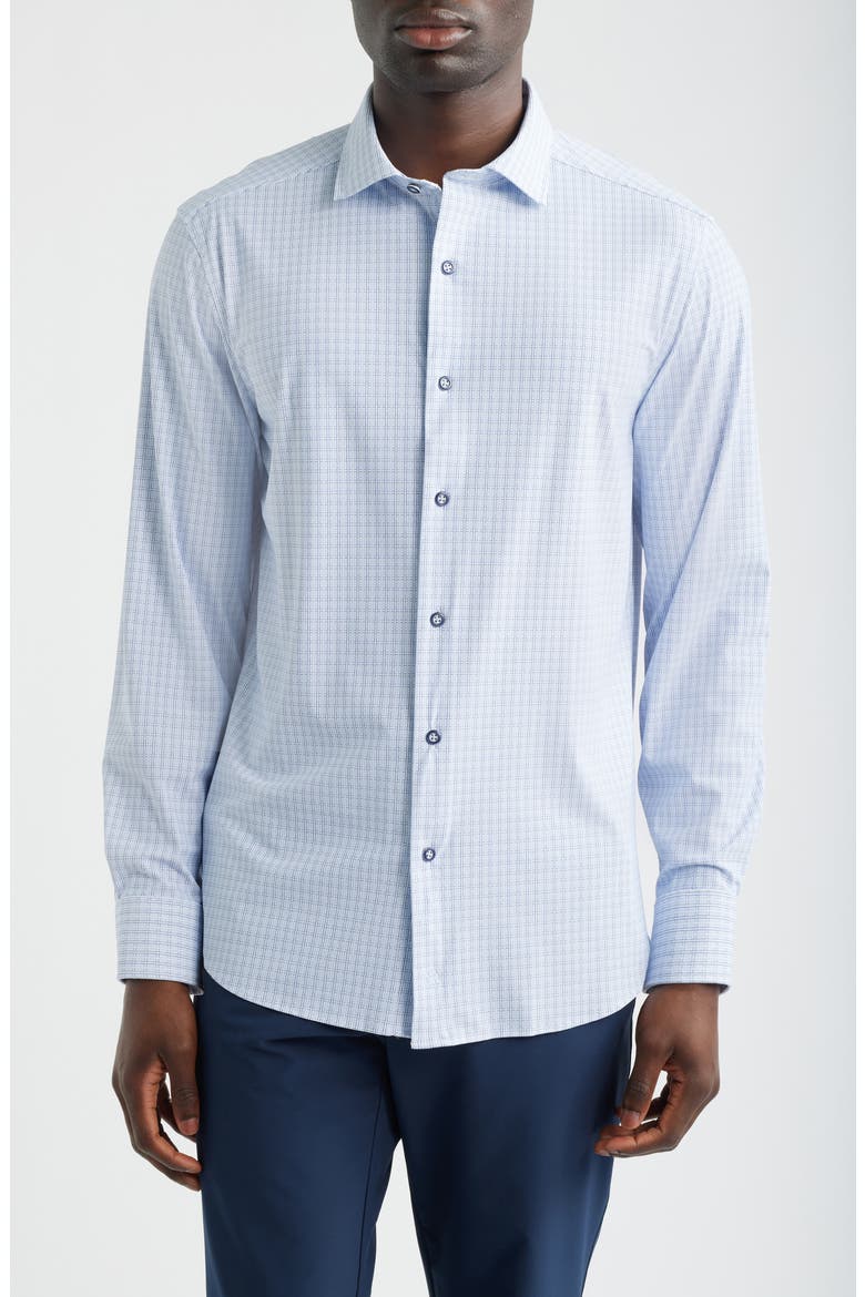 XC+™ Motion Microcheck Knit Button-Up Shirt, Main, color, WHITE/ NAVY GRID