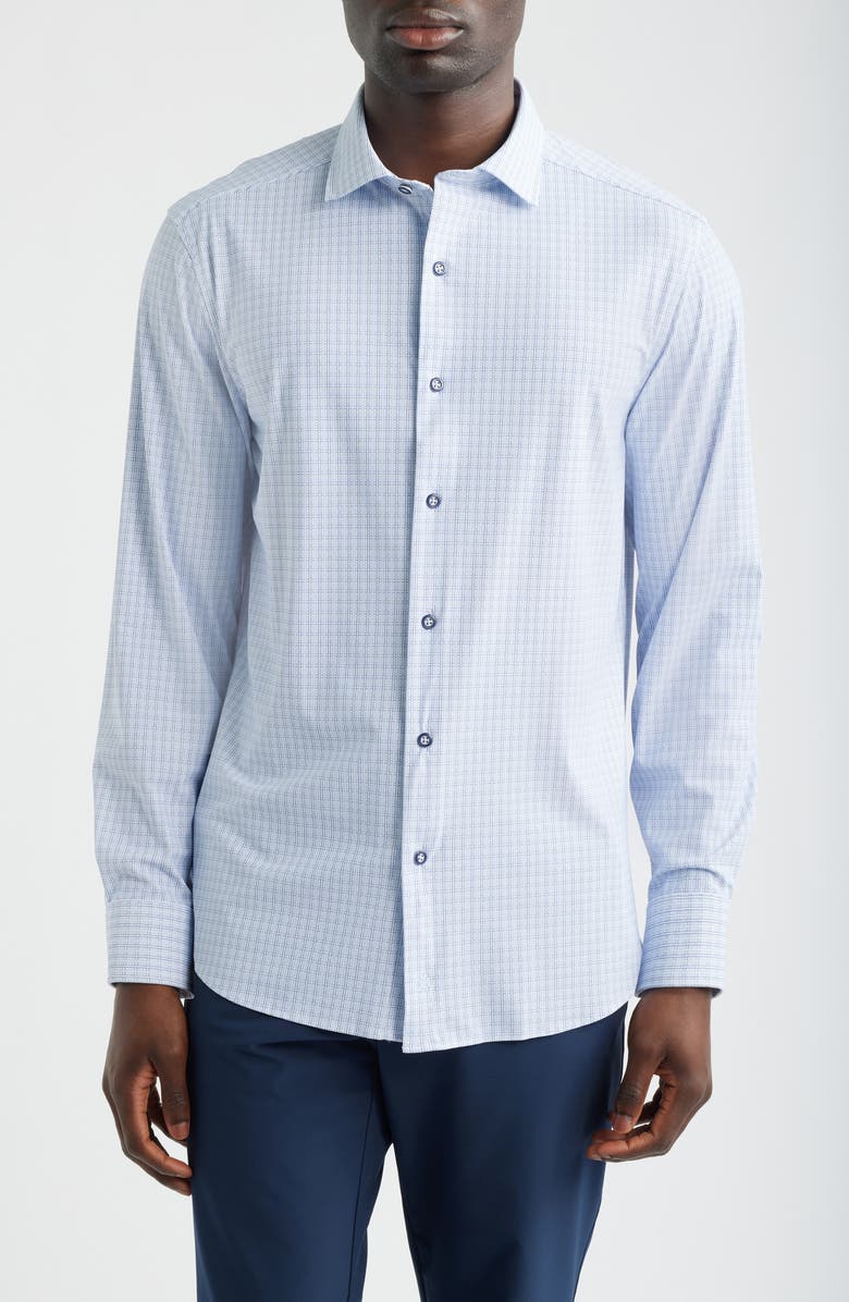 Johnston & Murphy XC+<sup>™</sup> Motion Microcheck Knit Button-Up Shirt, Main, color, White/ Navy Grid