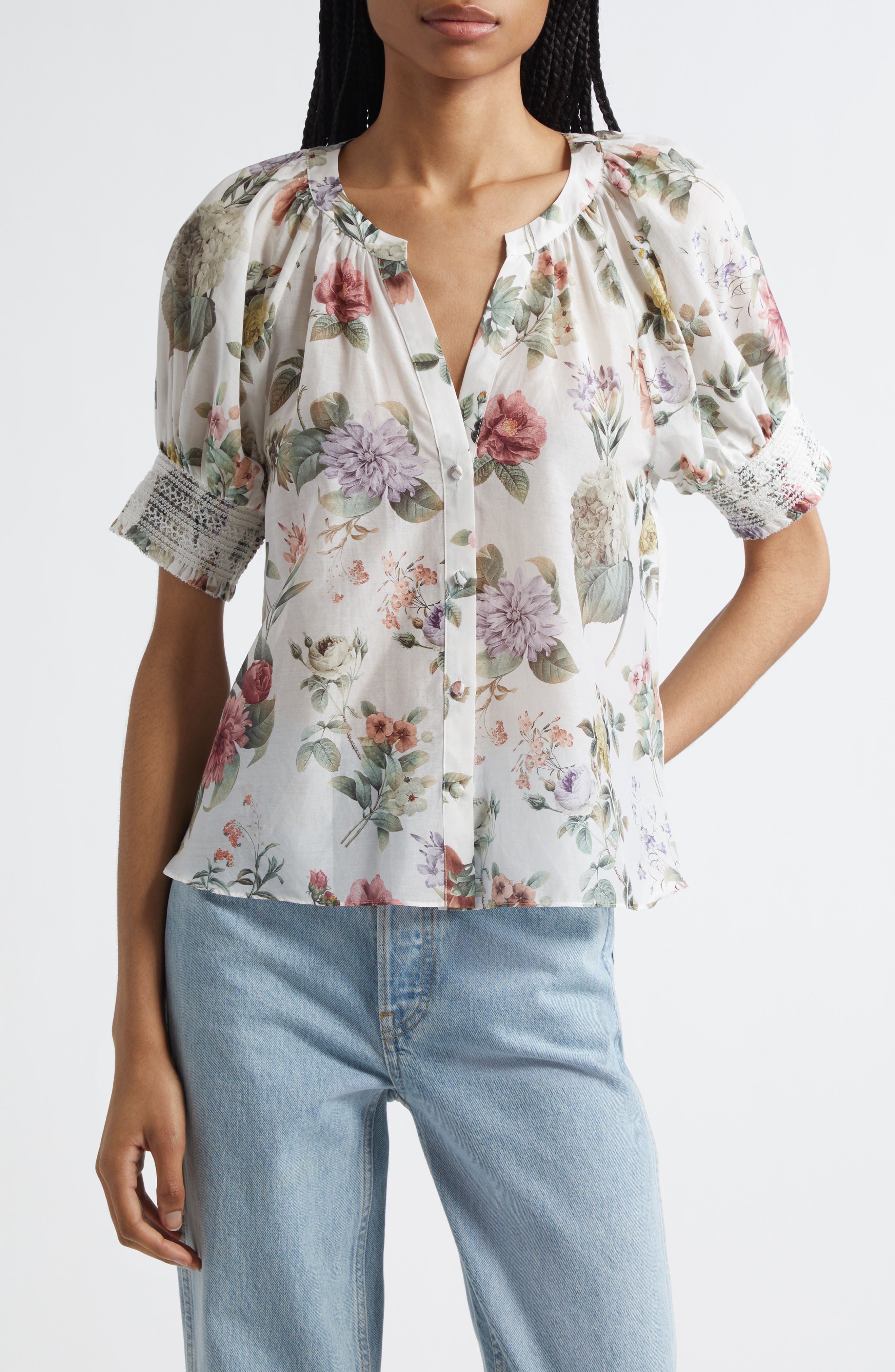 Alice + Olivia Thalia Floral Cotton & Silk Button-Up Top
