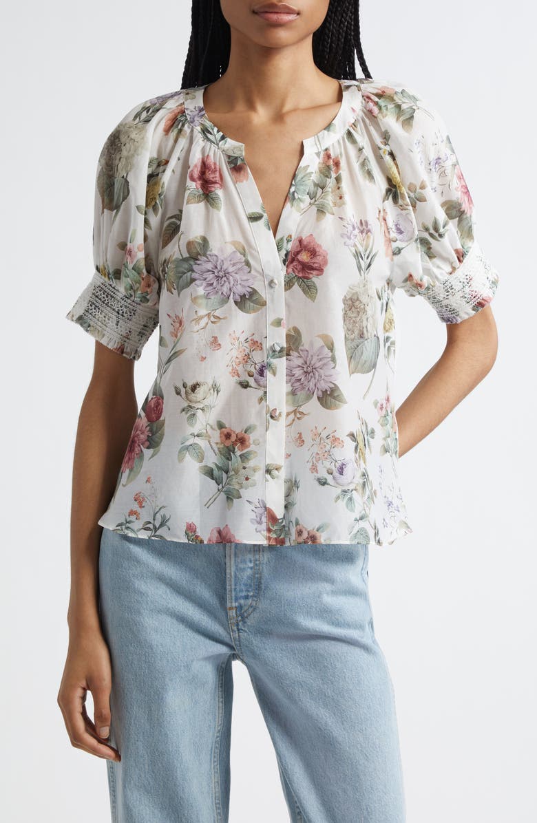Alice + Olivia Thalia Floral Cotton & Silk Button-Up Top, Main, color, 