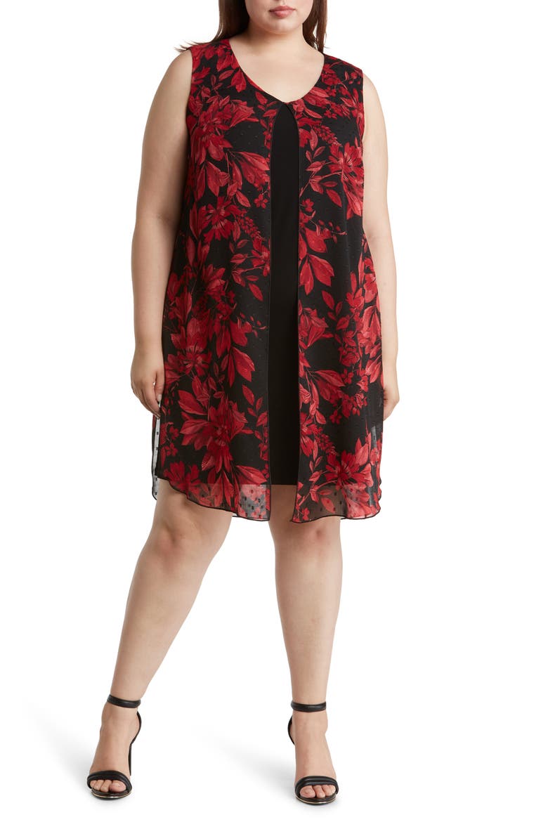 Floral Chiffon Overlay Cape Dress, Main, color, RED