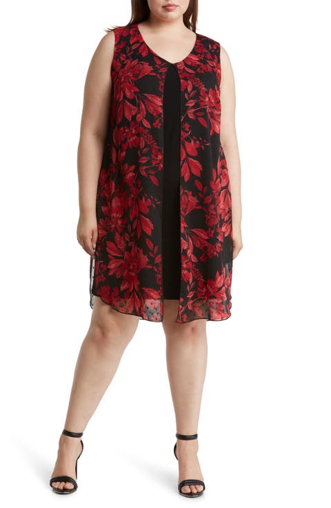 Floral Chiffon Overlay Cape Dress (Plus Size)