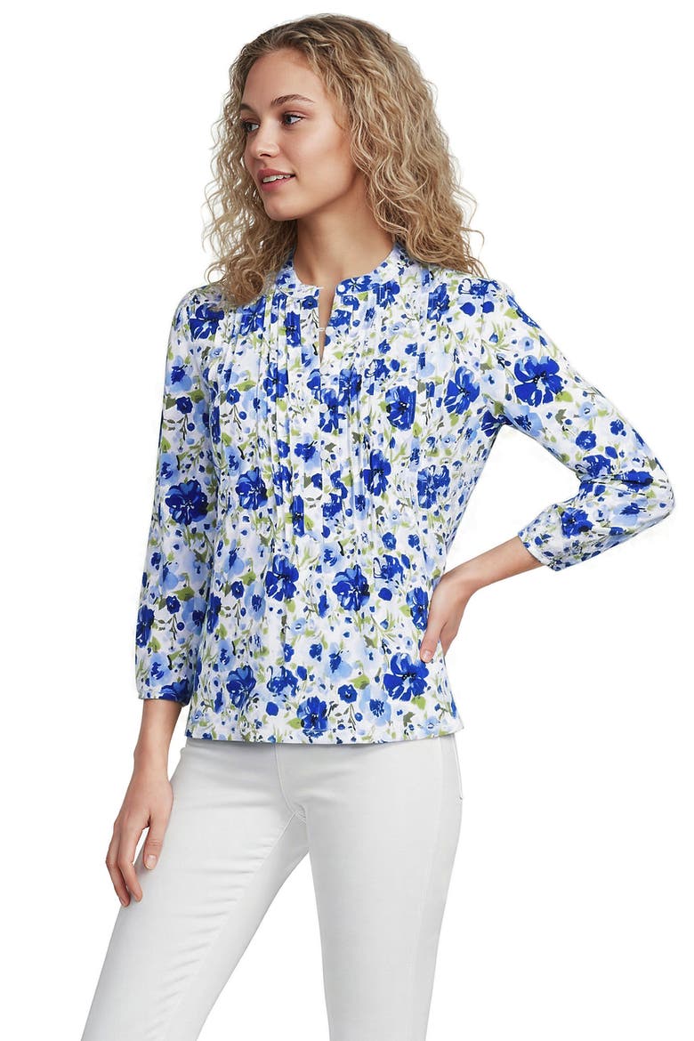 Lightweight Jersey Button Pintuck Top, Main, color, Clear Blue Painted Blooms
