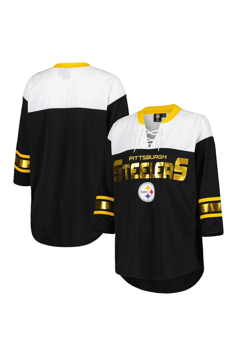 Women's G-III 4Her by Carl Banks Black/White Pittsburgh Steelers Double Team 3/4-Sleeve Lace-Up T-Shirt, Main, color, Black