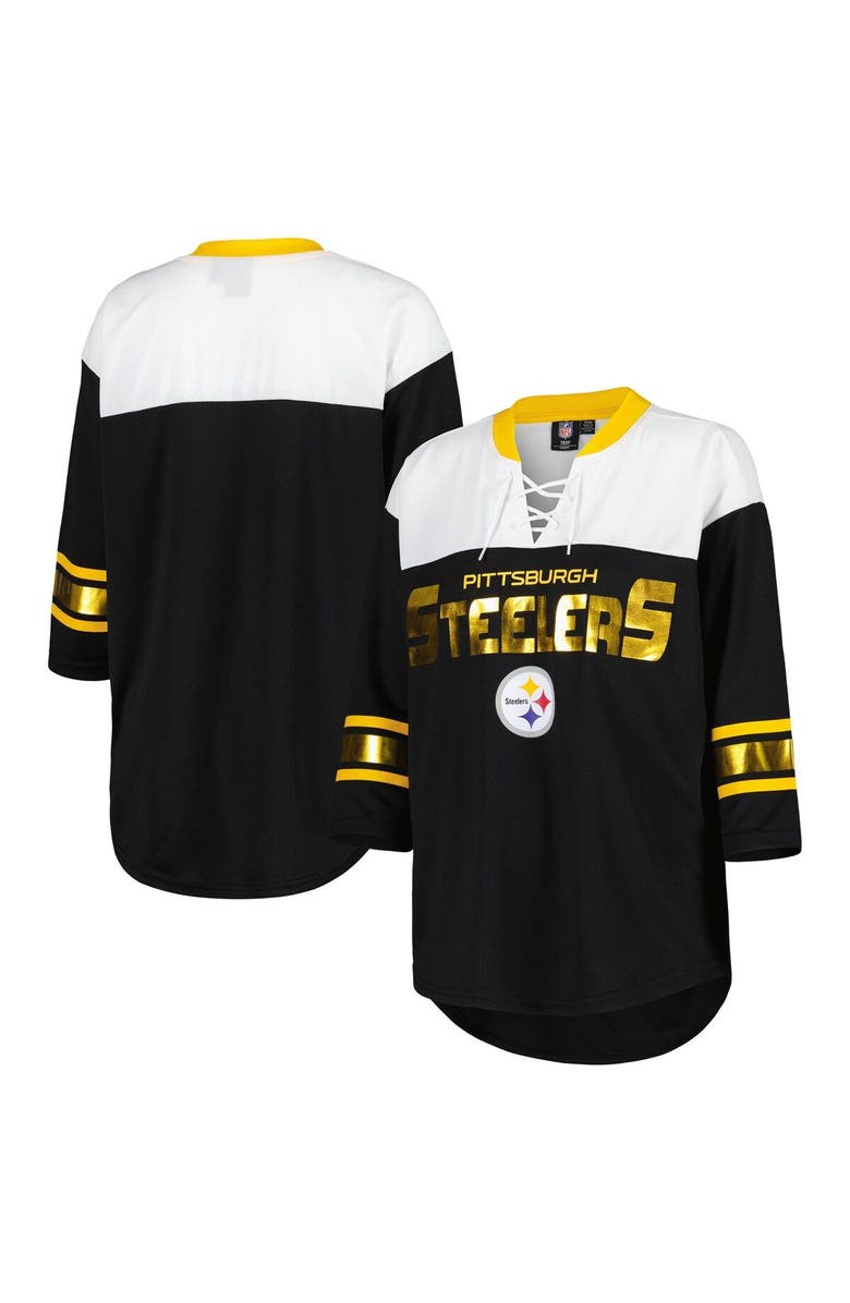 G-III 4HER BY CARL BANKS Women's G-III 4Her by Carl Banks Black/White Pittsburgh Steelers Double Team 3/4-Sleeve Lace-Up T-Shirt, Main, color, Black