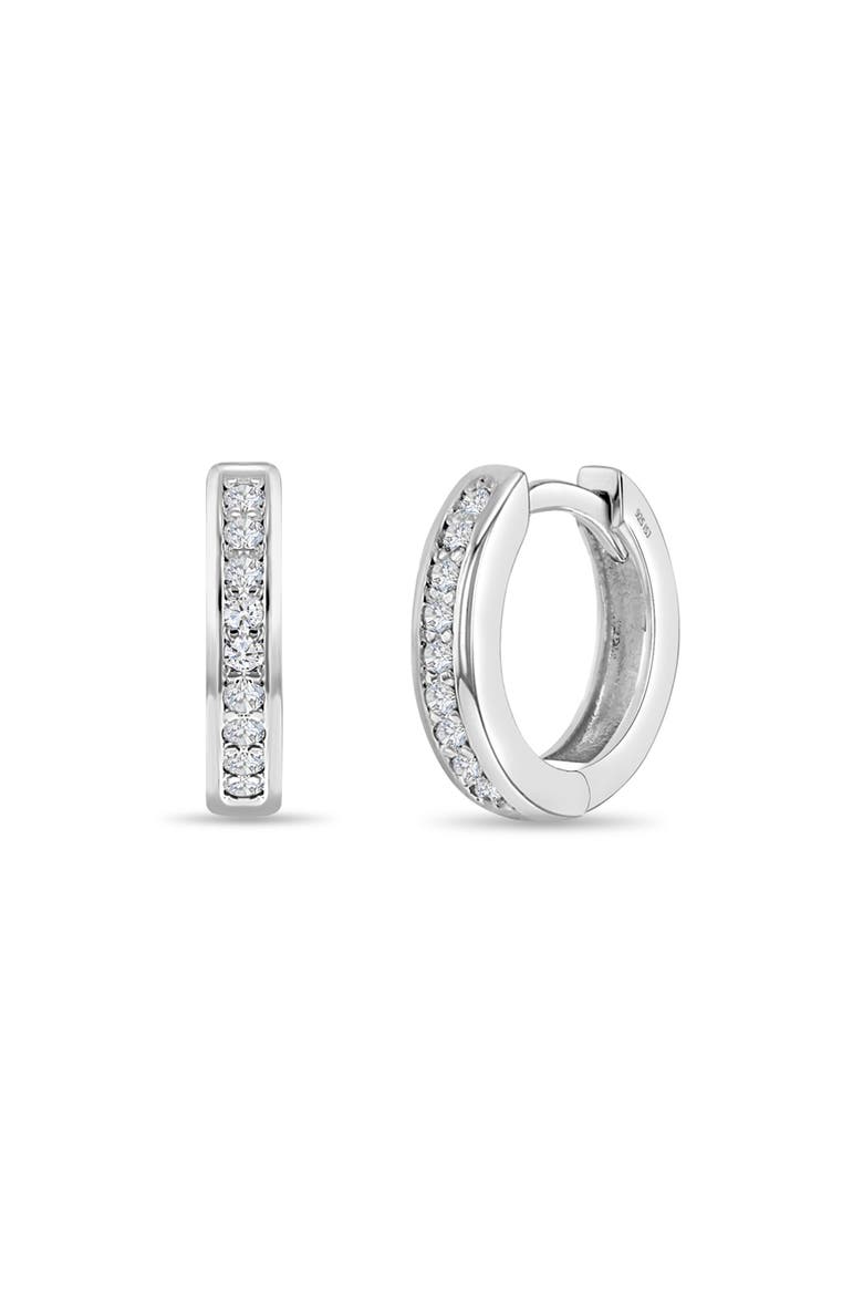 14k Clear Cubic Zirconia Huggie Hoops, Main, color, Silver