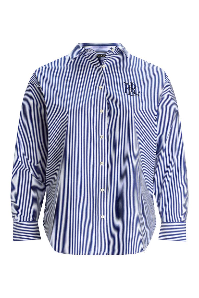 Embroidered Logo Detail Stripe Stretch Cotton Button-Up Shirt, Alternate, color, BLUE/ WHITE