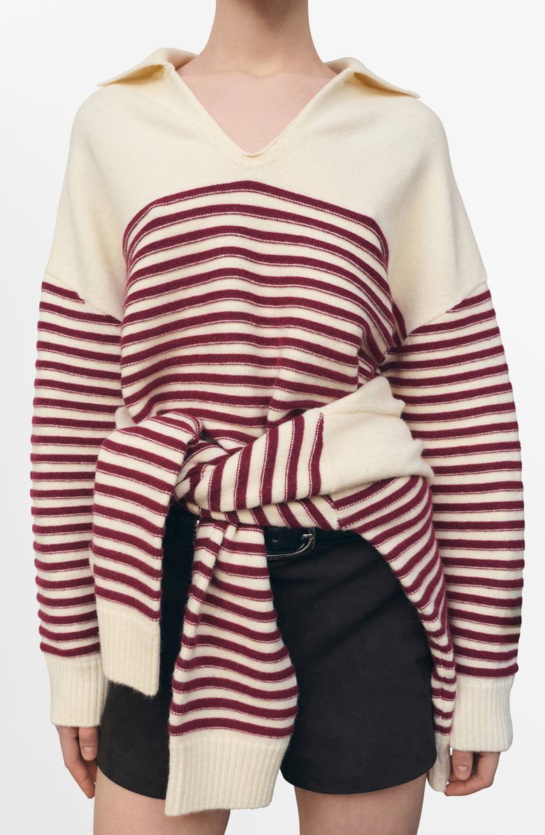 MANGO Alicante Stripe Johnny Collar Sweater, Main, color, Ecru