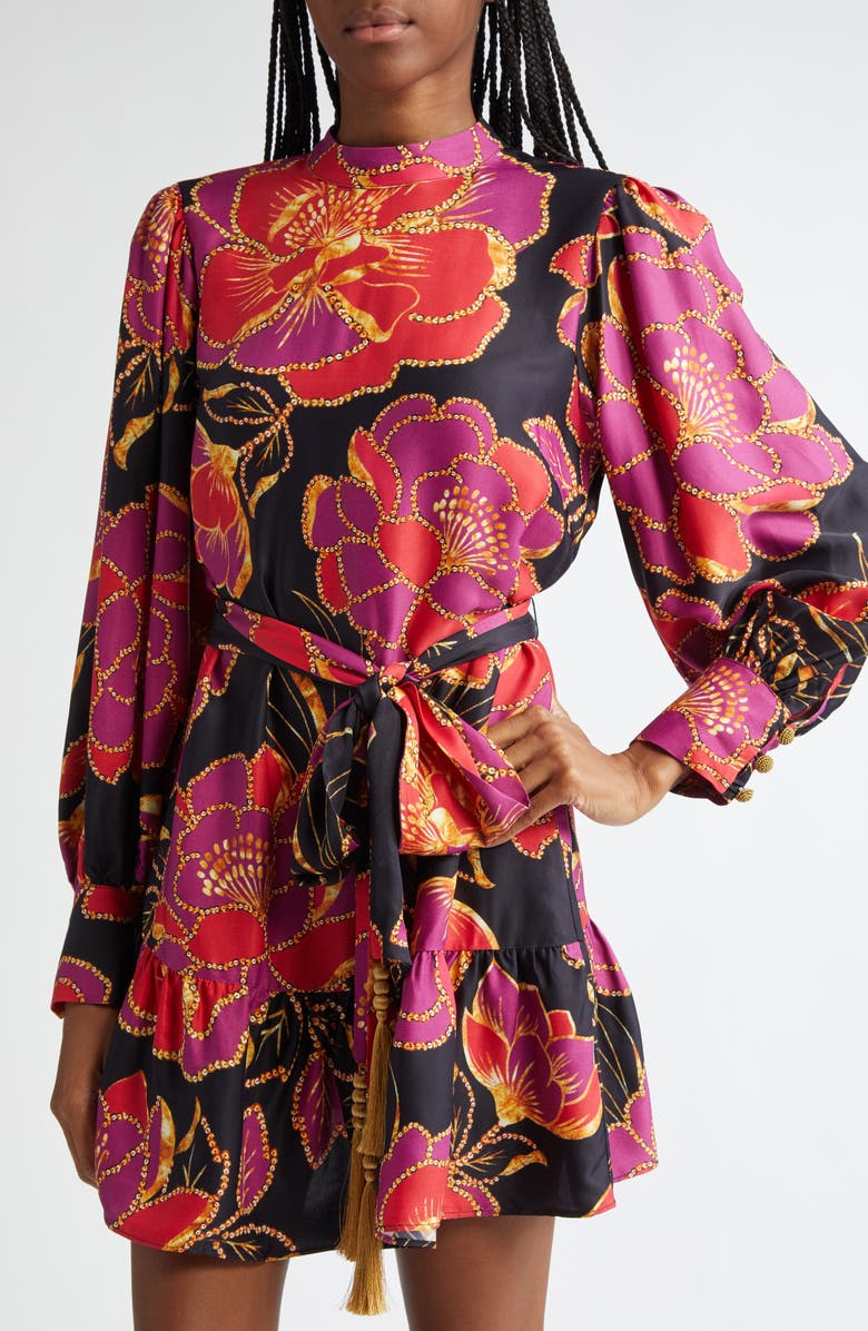 FARM Rio Shiny Chita Floral Print Long Sleeve Minidress, Alternate, color, Shiny Chita Black