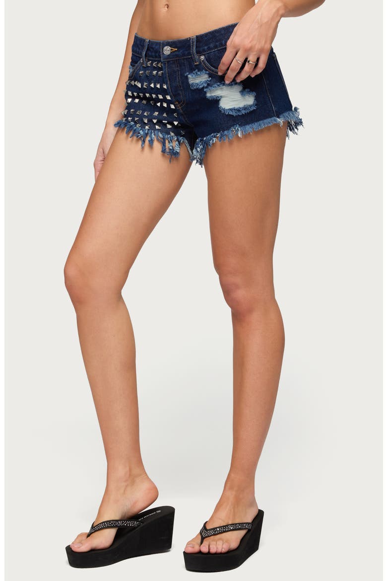 Studded Ripped Cutoff Denim Shorts, Alternate, color, DARK-BLUE-WASHED