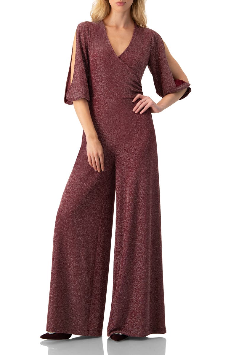 IVONNE Shimmering V-Neck Jumpsuit with 3/4 Sleeves, Main, color, Wine