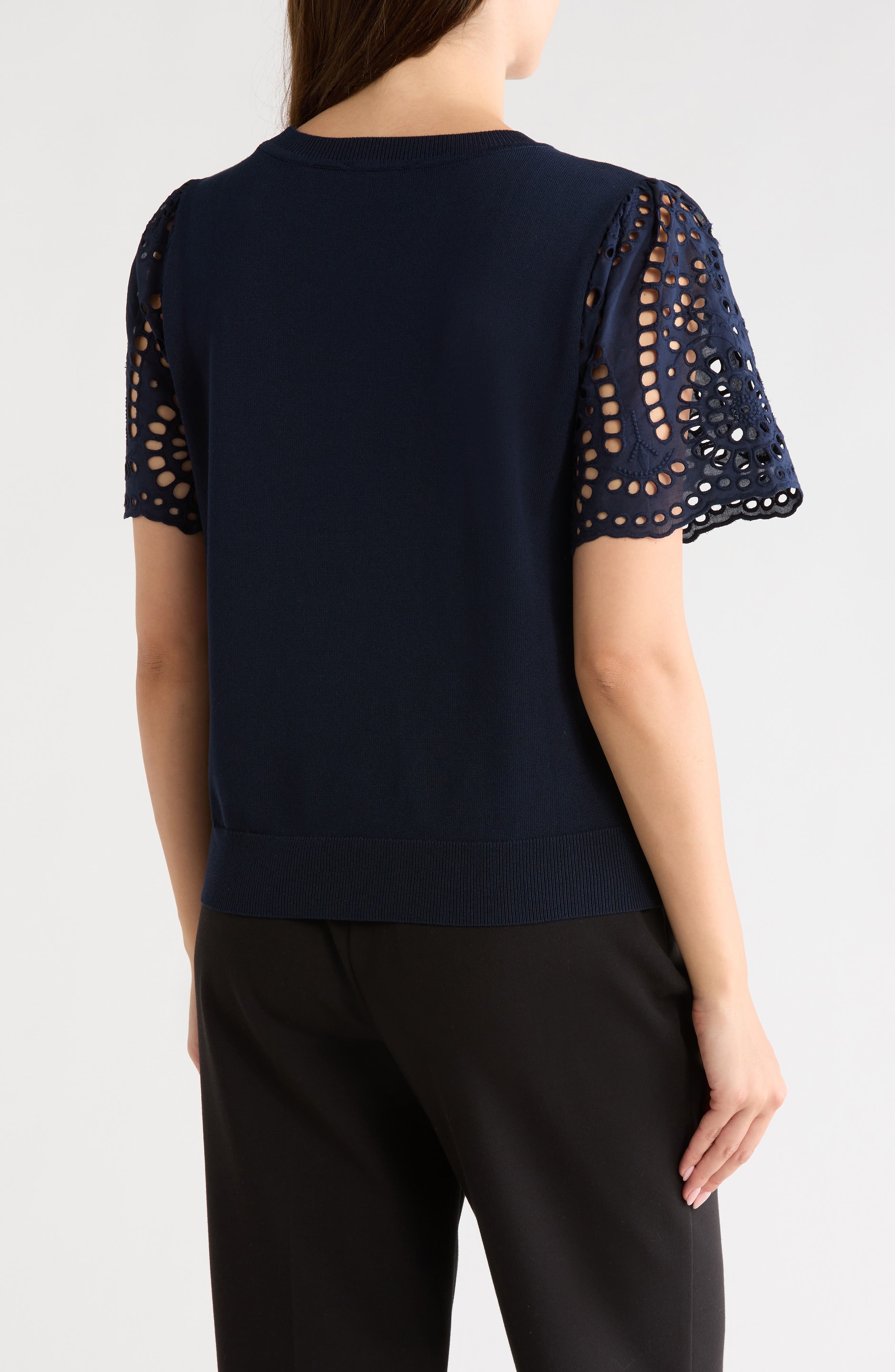 Nanette Lepore Embroidered Eyelet Short Sleeve Twofer Sweater