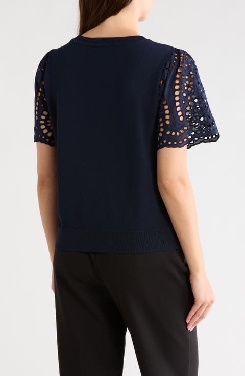 Embroidered Eyelet Short Sleeve Twofer Sweater