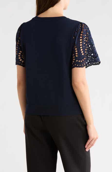 Nanette Lepore Embroidered Eyelet Short Sleeve Twofer Sweater
