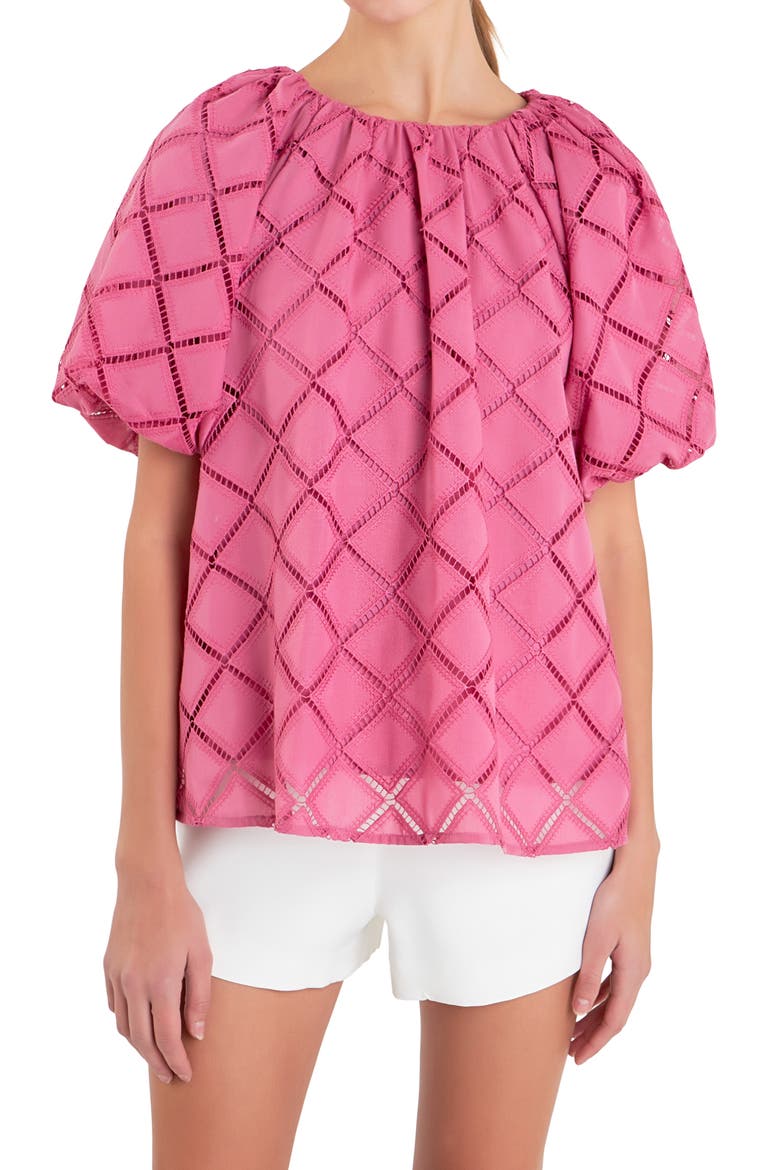 Embroidered Tie Back Puff Sleeve Top, Main, color, BERRY PINK