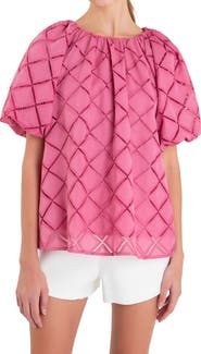 English Factory Embroidered Tie Back Puff Sleeve Top