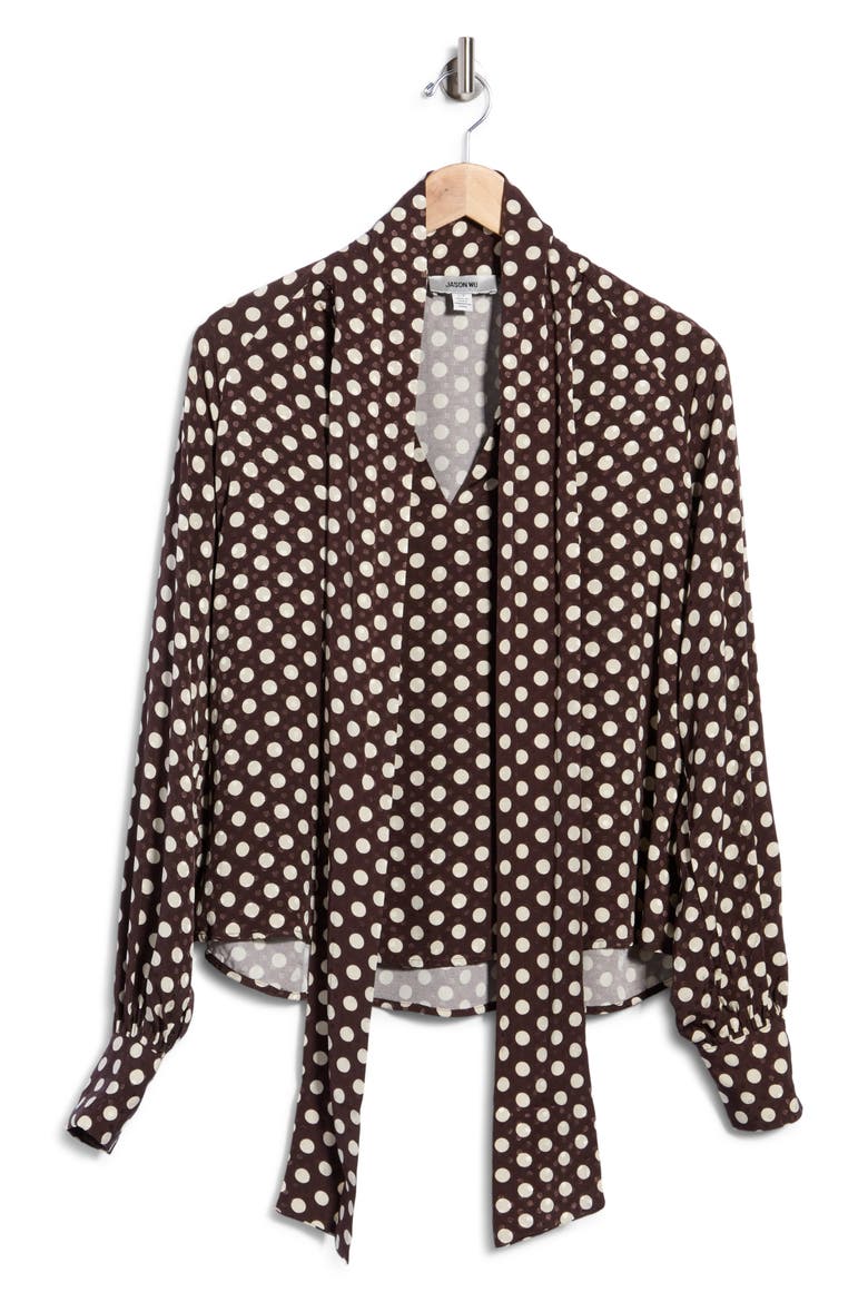 Polka Dot Bow Neck Top, Main, color, CHOCOLATE/ IVORY DOTS