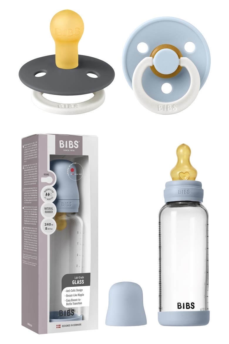 8-Ounce Glass Bottle & Pacifier Set, Main, color, IRON/ BABY BLUE