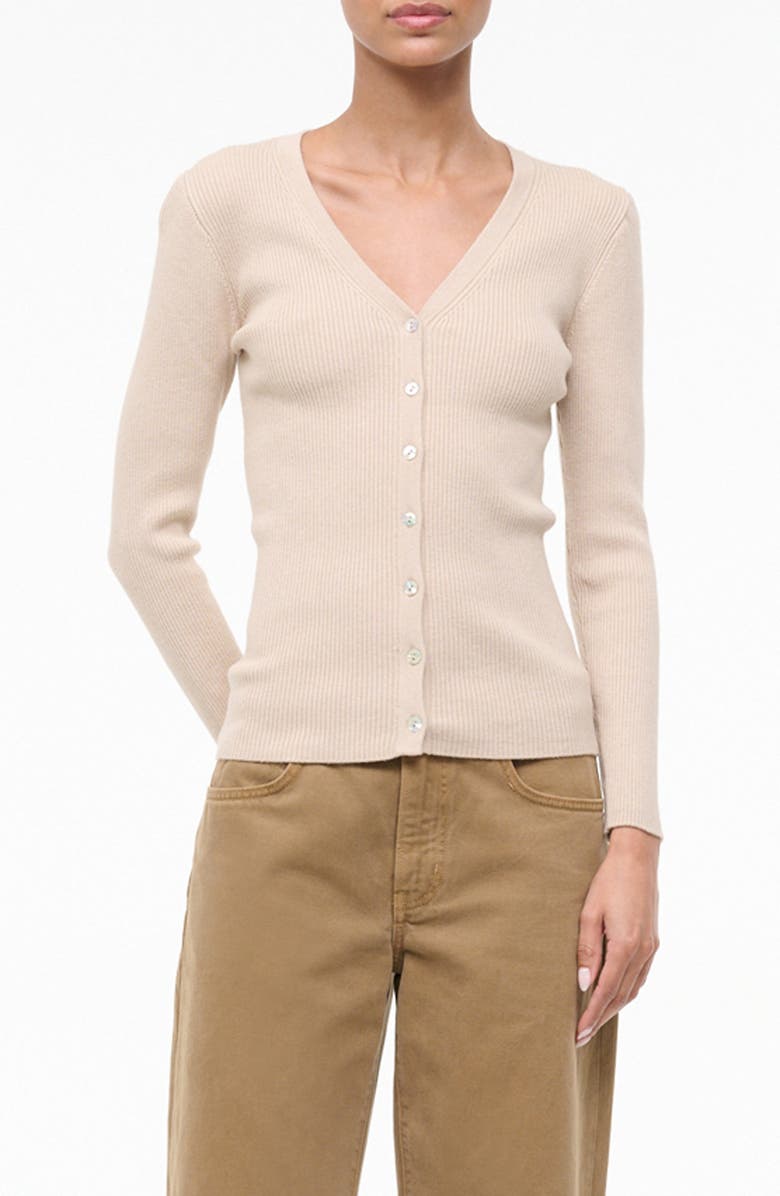 STAUD Cargo Wool & Cotton Rib Cardigan, Alternate, color, Fawn
