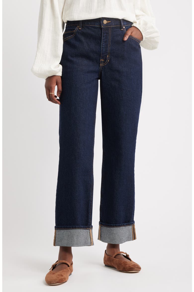 Cuffed High Waist Stretch Denim Straight Leg Jeans, Main, color, TRUE INDIGO WASH