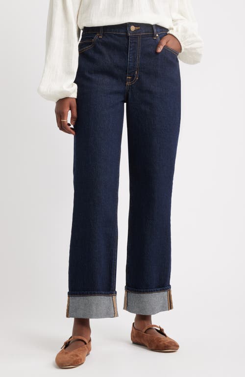 Treasure & Bond Cuffed High Waist Stretch Denim Straight Leg Jeans In Blue