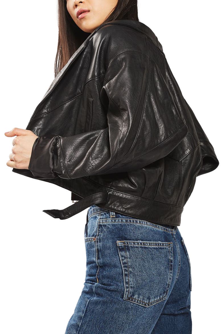 Maggie Cropped Leather Jacket, Alternate, color, BLACK