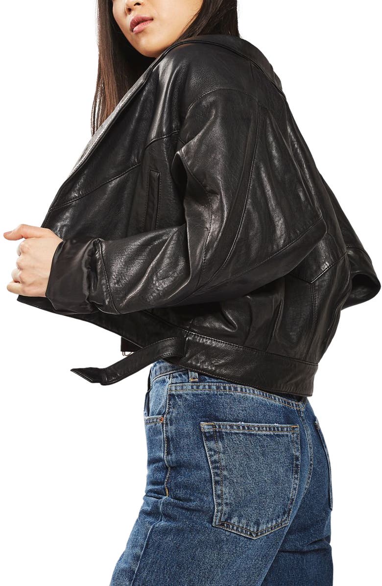Topshop Maggie Cropped Leather Jacket, Alternate, color, 
